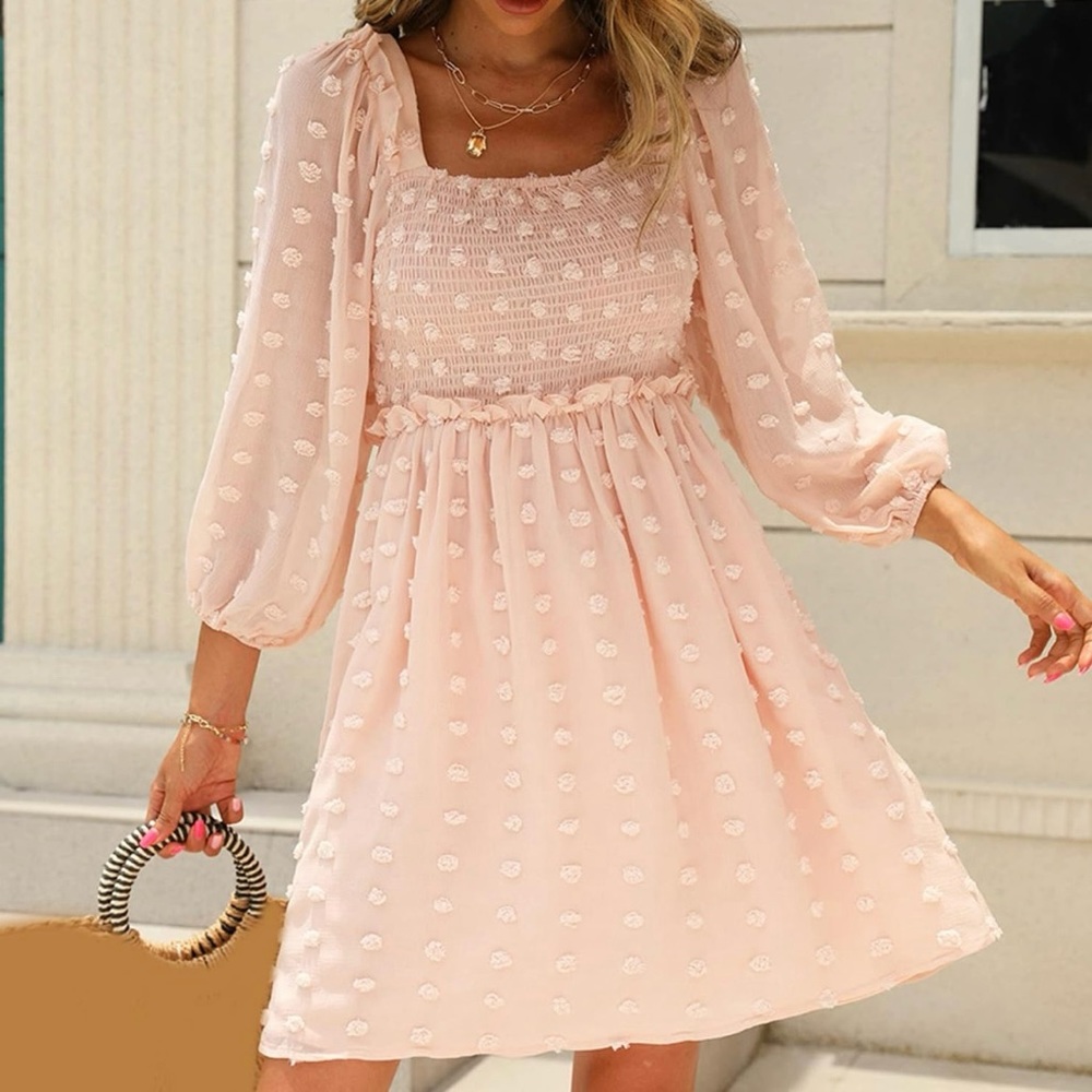 BTFBM‎ Light Baby Pink Square Neck Smocked
Dress Long Sleeve Floral Size Medium